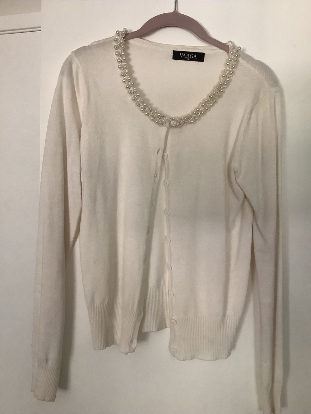 Varga Ivory Pearl-Trim Cardigan Sweater, size s
